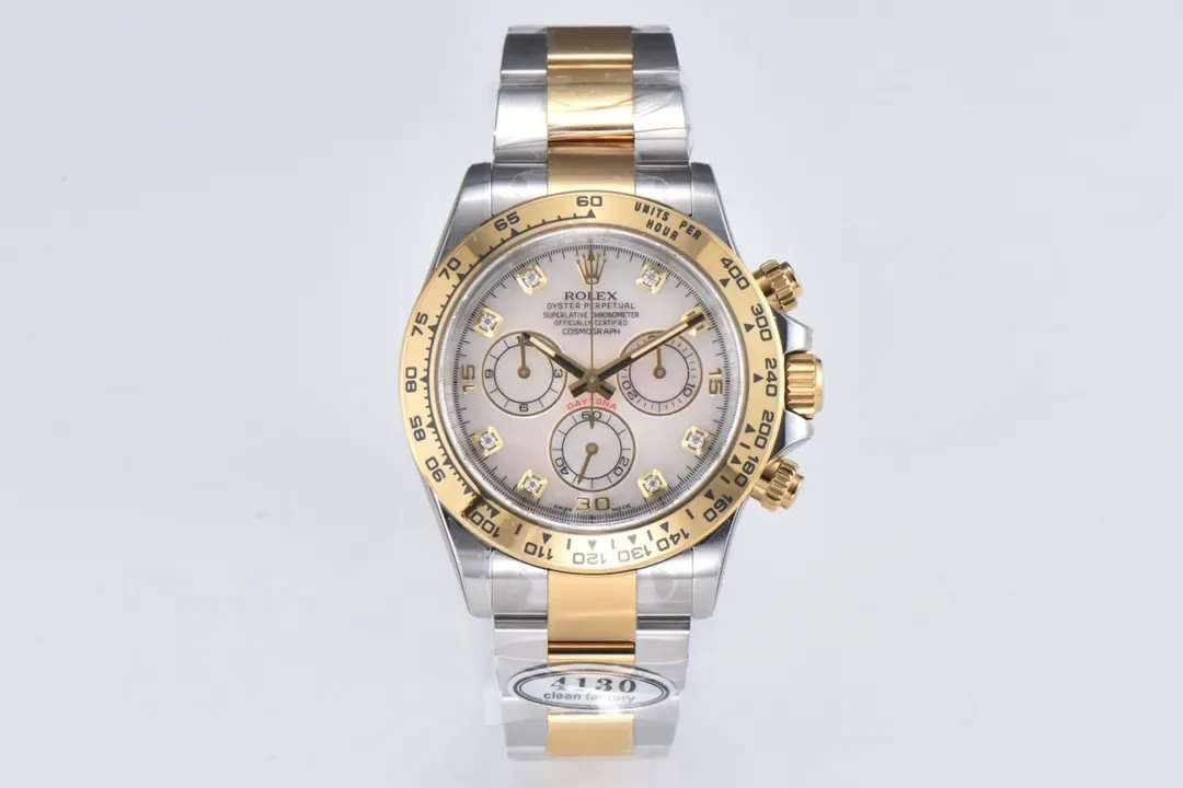 Rolex Daytona Watch with Moissanite Diamonds - Two-Tone with Mother-of-Pearl Dial