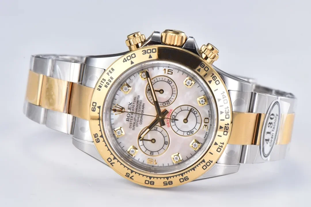 Rolex Daytona Watch with Moissanite Diamonds - Two-Tone with Mother-of-Pearl Dial