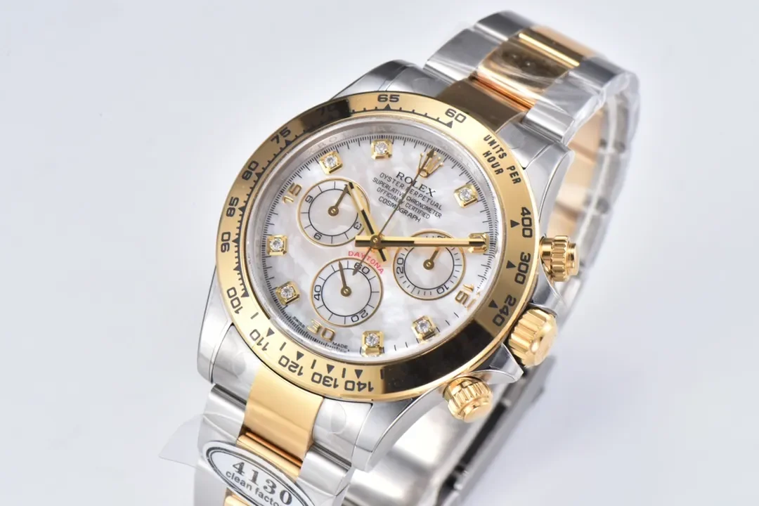 Rolex Daytona Watch with Moissanite Diamonds - Two-Tone with Mother-of-Pearl Dial