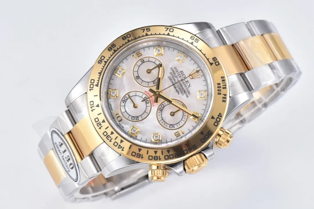 Rolex Daytona Watch with Moissanite Diamonds - Two-Tone with Mother-of-Pearl Dial