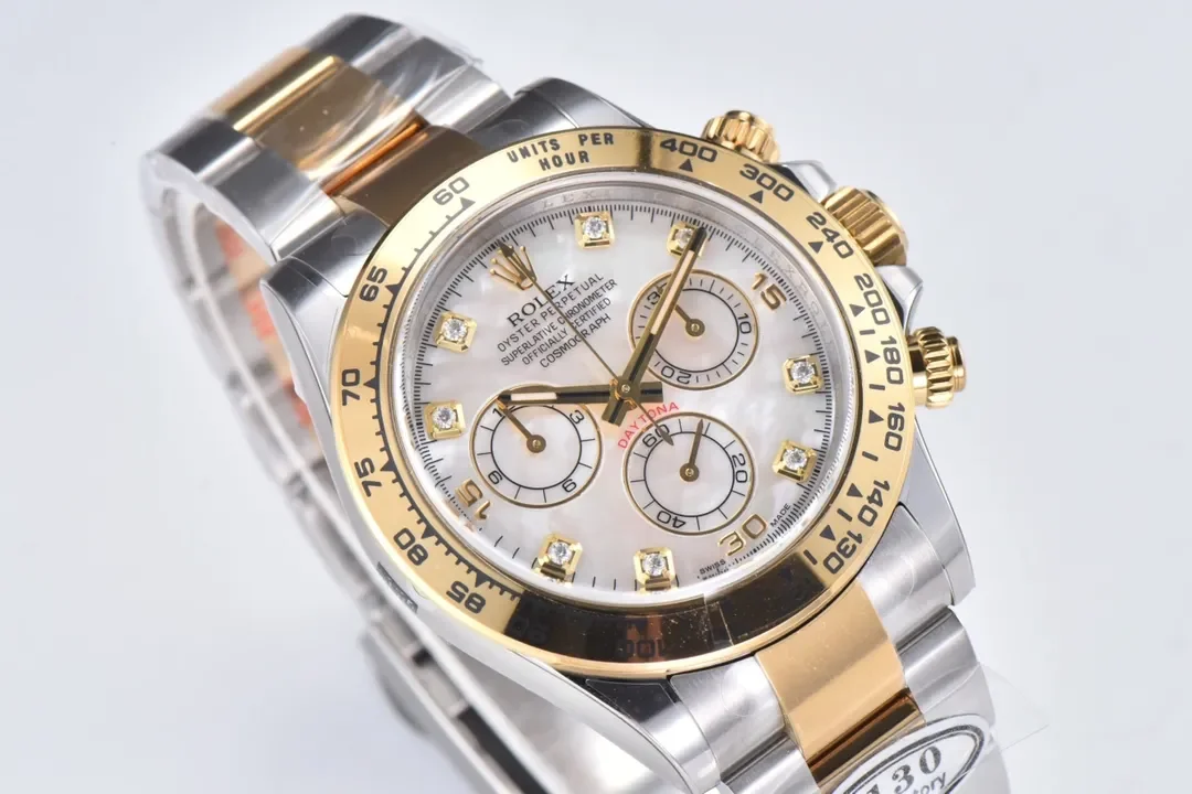 Rolex Daytona Watch with Moissanite Diamonds - Two-Tone with Mother-of-Pearl Dial