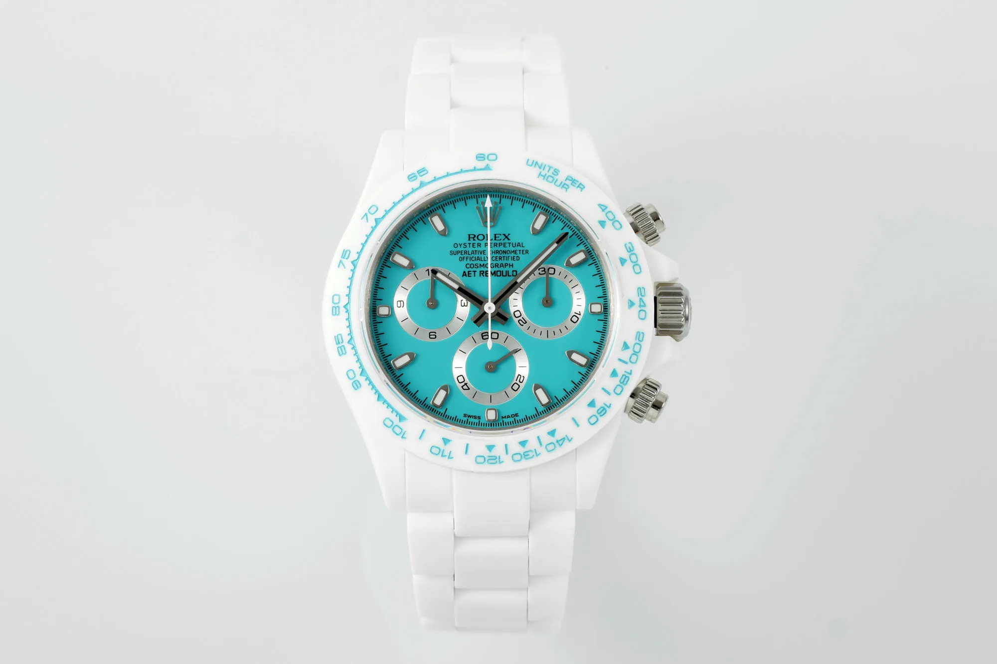 Rolex Daytona Ceramic Watch - White Strap, Turquoise Dial, Premium VSF Watches Design