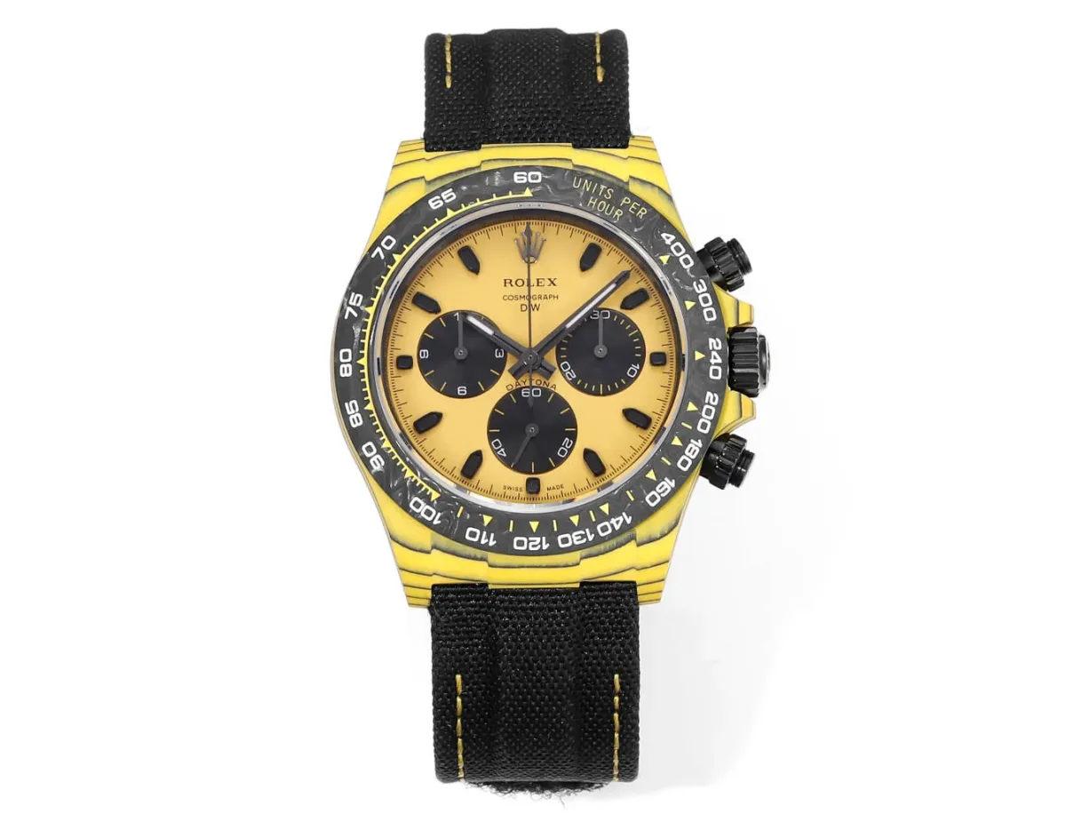 Rolex Daytona Carbon Fiber Night Glow Case Watch - Yellow with Black Strap by VSF Watches Official Store