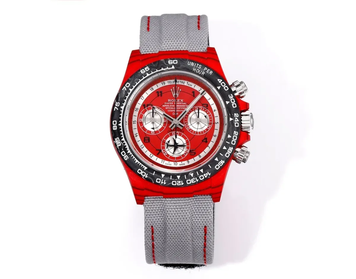 Rolex Daytona Carbon Fiber Night Glow Case Watch - Red Dial, Grey Strap by VSF Watches Official
