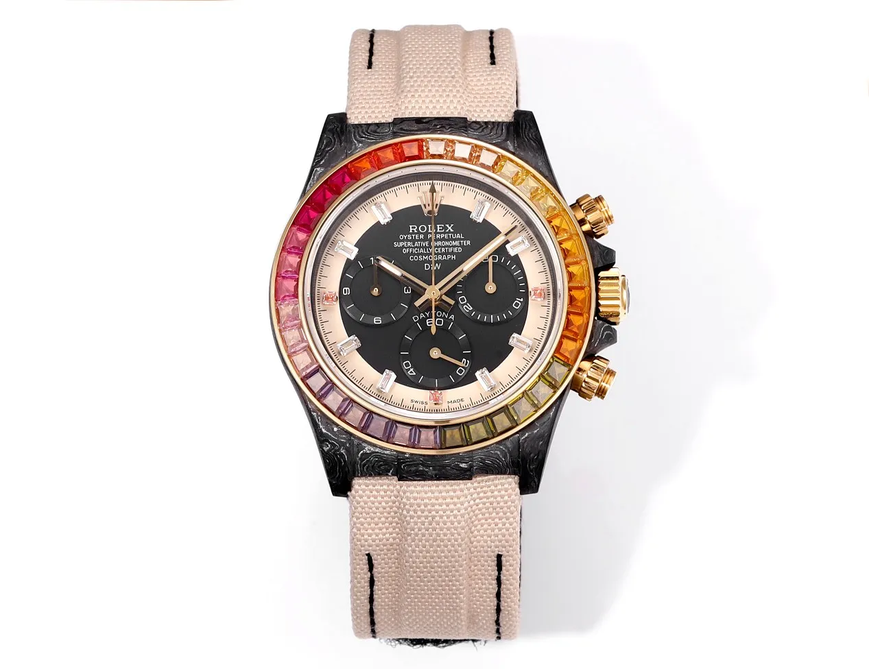 Rolex Daytona Custom Carbon Fiber Night Glow Case Watch - Black with Rainbow Bezel, Beige Strap by VSF Watches Official