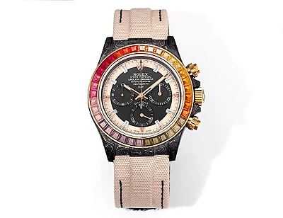Rolex Daytona Custom Carbon Fiber Night Glow Case Watch - Black with Rainbow Bezel, Beige Strap by VSF Watches Official