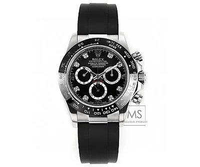 Rolex Daytona Black Diamond-Set Dial Chronograph Watch with Black Rubber Strap and Stainless Steel Case