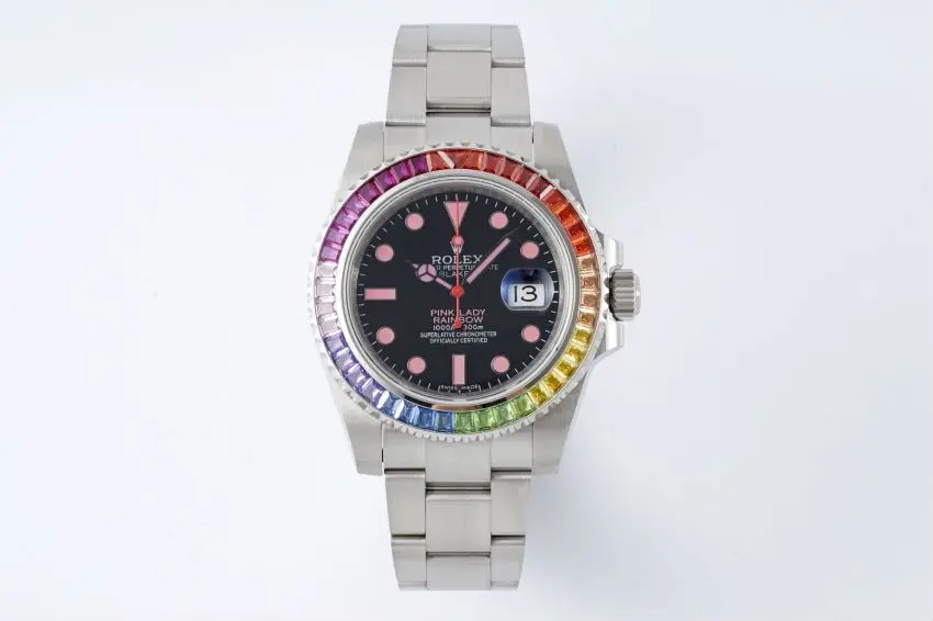 Rolex Submariner Rainbow Bezel Watch - Black Dial with Pink Markers, 40mm Stainless Steel Case Timepieces