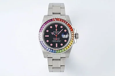 Rolex Submariner Rainbow Bezel Watch - Black Dial with Pink Markers, 40mm Stainless Steel Case Timepieces
