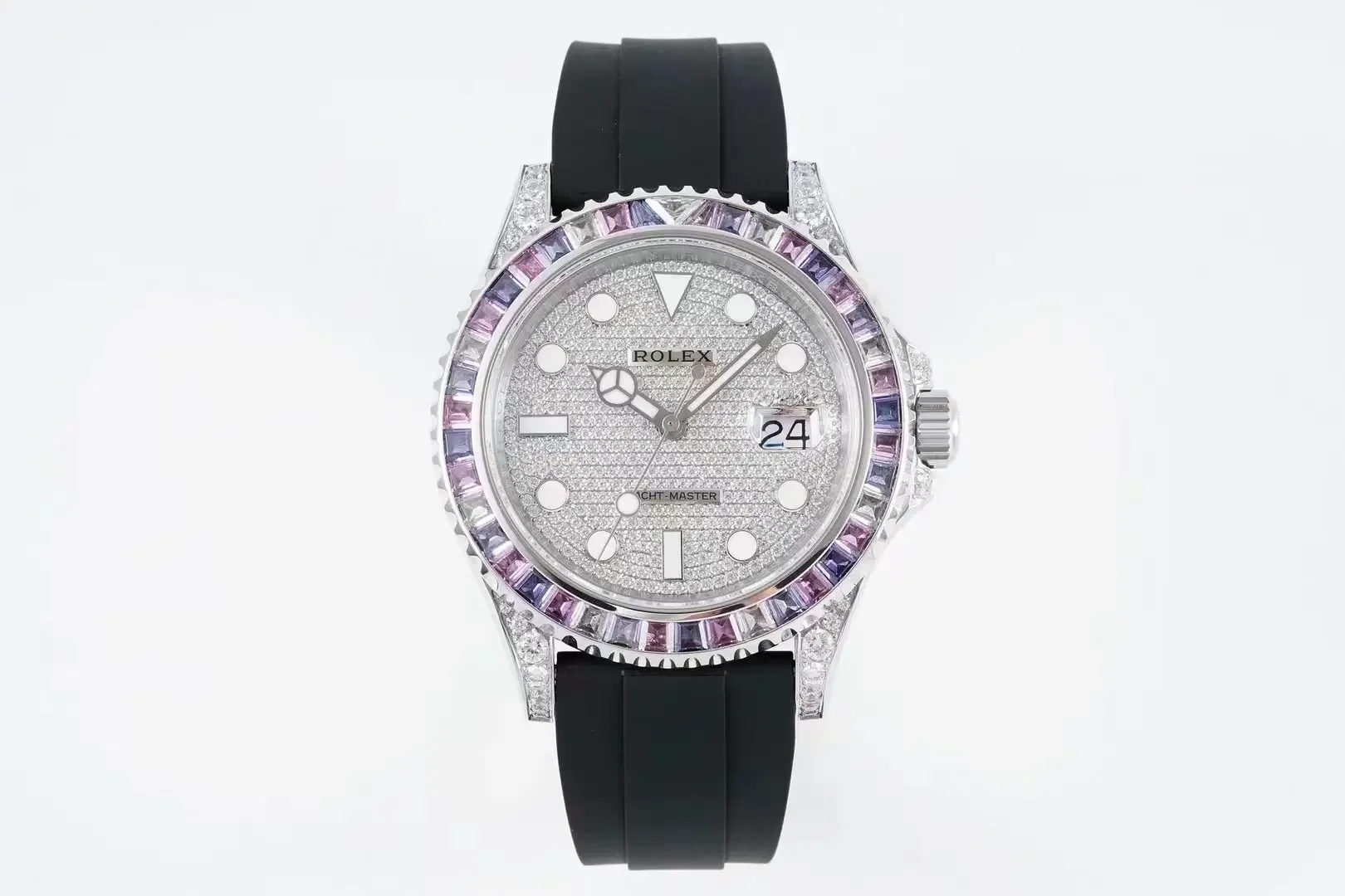 Rolex Yacht-Master 42mm Platinum Case Watch with Diamond &amp; Amethyst Bezel and Black Rubber Strap