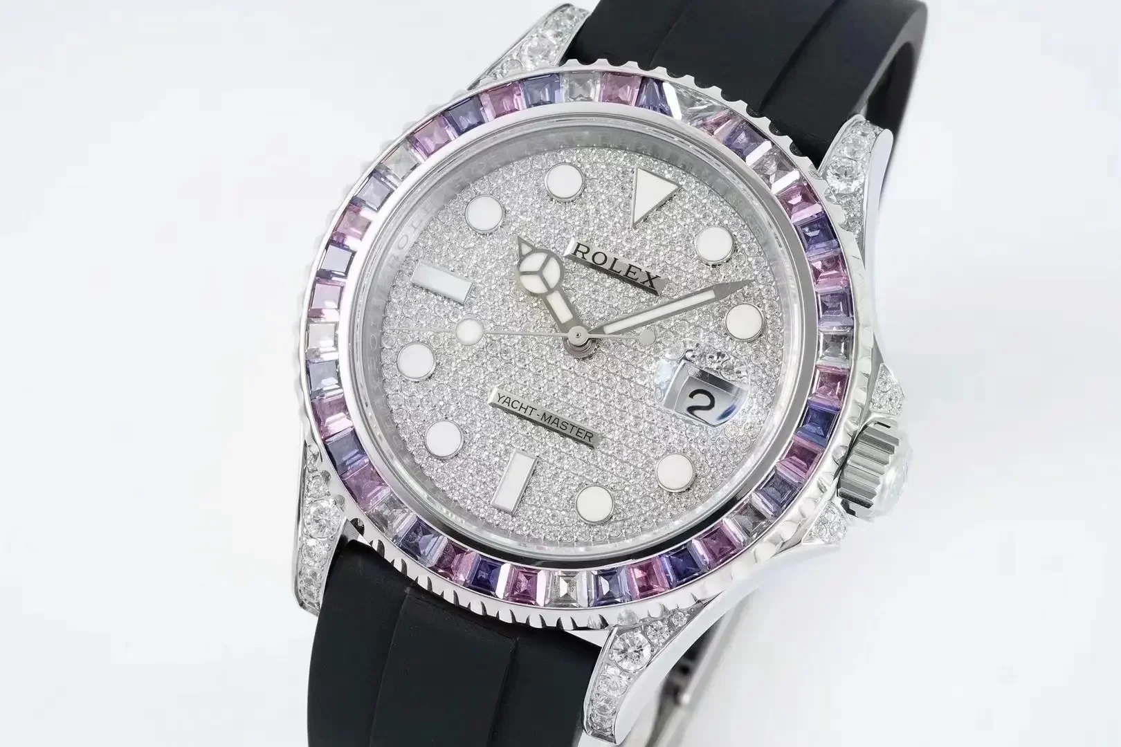 Rolex Yacht-Master 42mm Platinum Case Watch with Diamond &amp; Amethyst Bezel and Black Rubber Strap