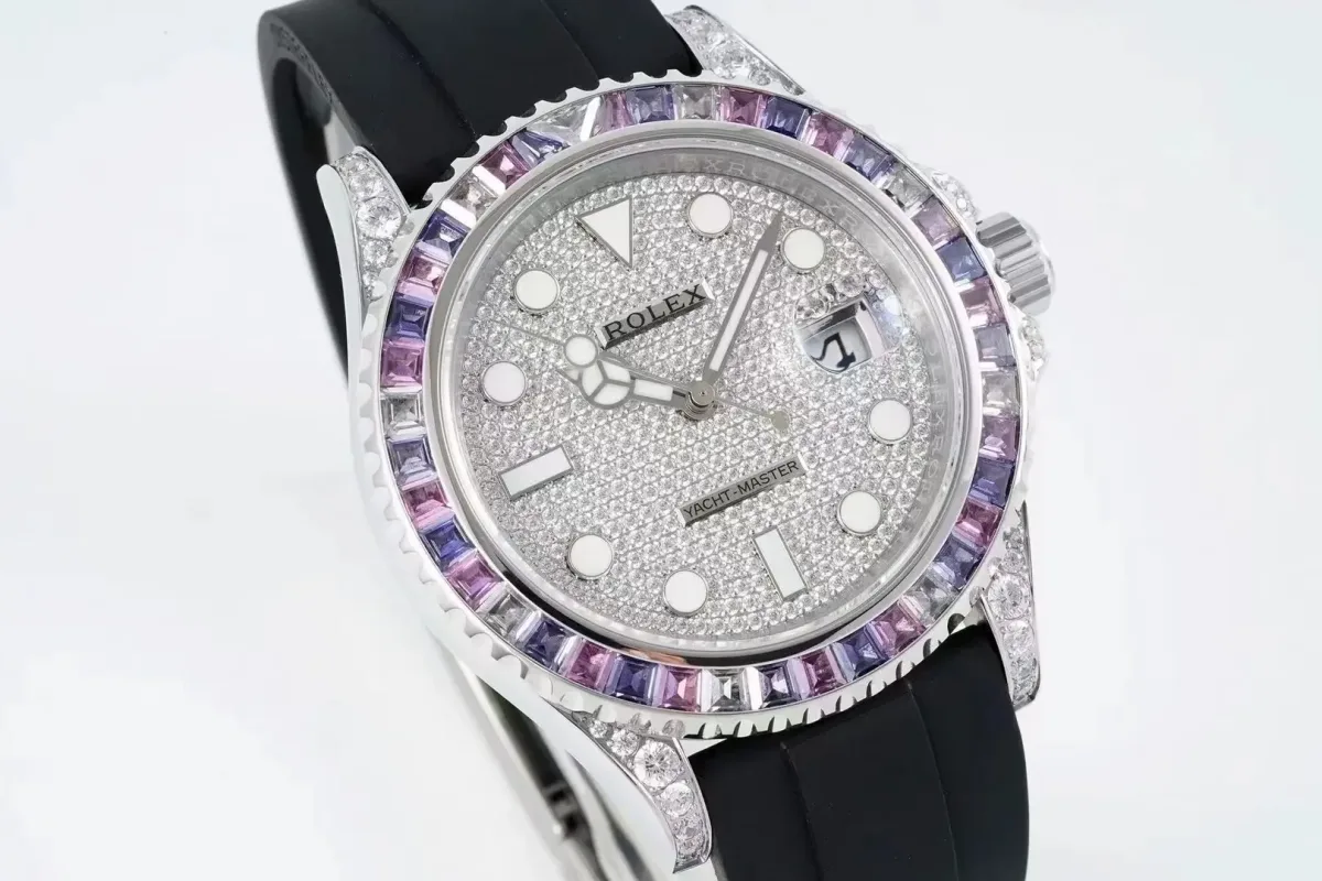 Rolex Yacht-Master 42mm Platinum Case Watch with Diamond &amp; Amethyst Bezel and Black Rubber Strap