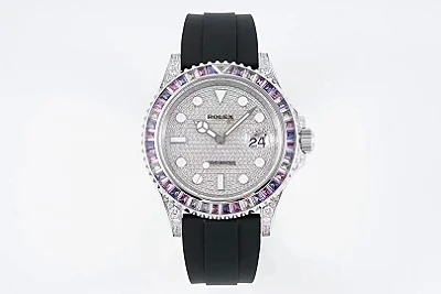 Rolex Yacht-Master 42mm Platinum Case Watch with Diamond &amp; Amethyst Bezel and Black Rubber Strap