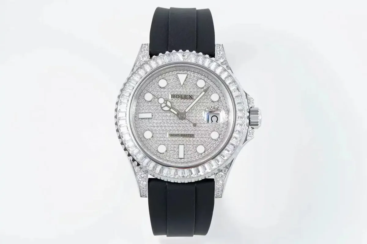 Rolex Yacht-Master 42mm Diamond Set Watch - Silver Dial with Black Rubber Strap