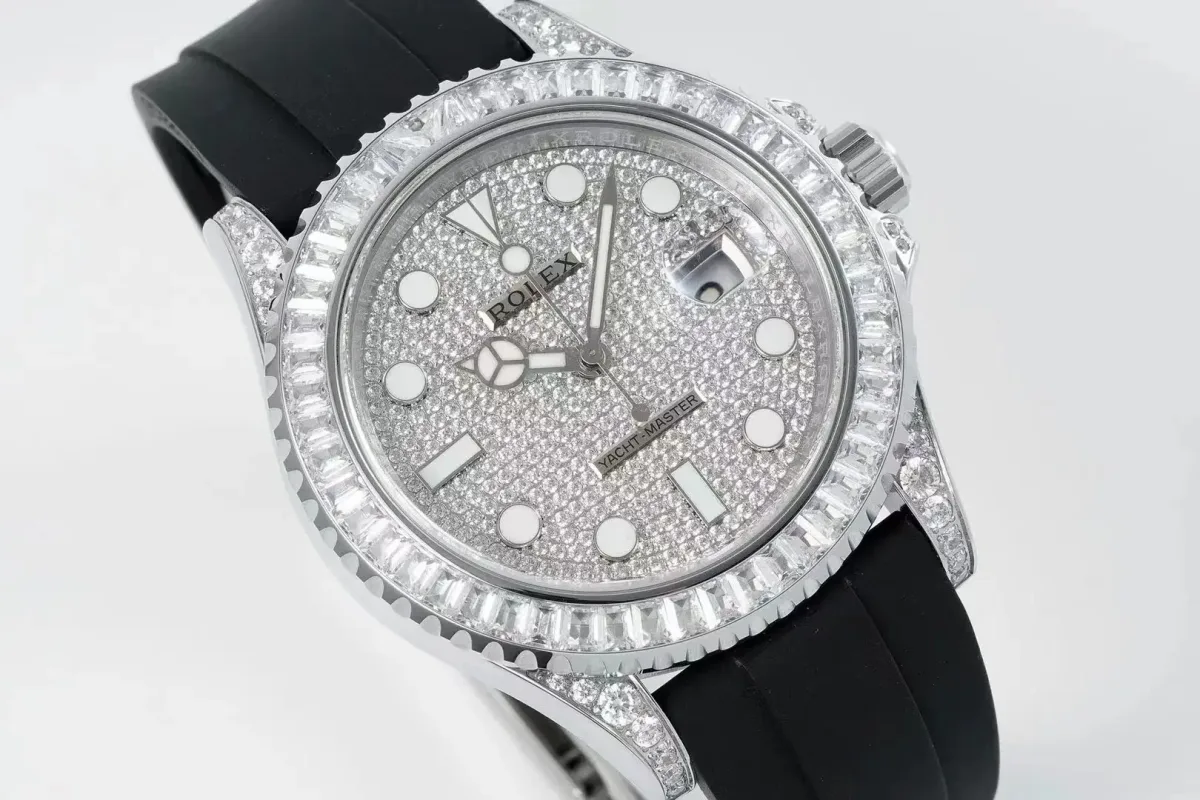 Rolex Yacht-Master 42mm Diamond Set Watch - Silver Dial with Black Rubber Strap