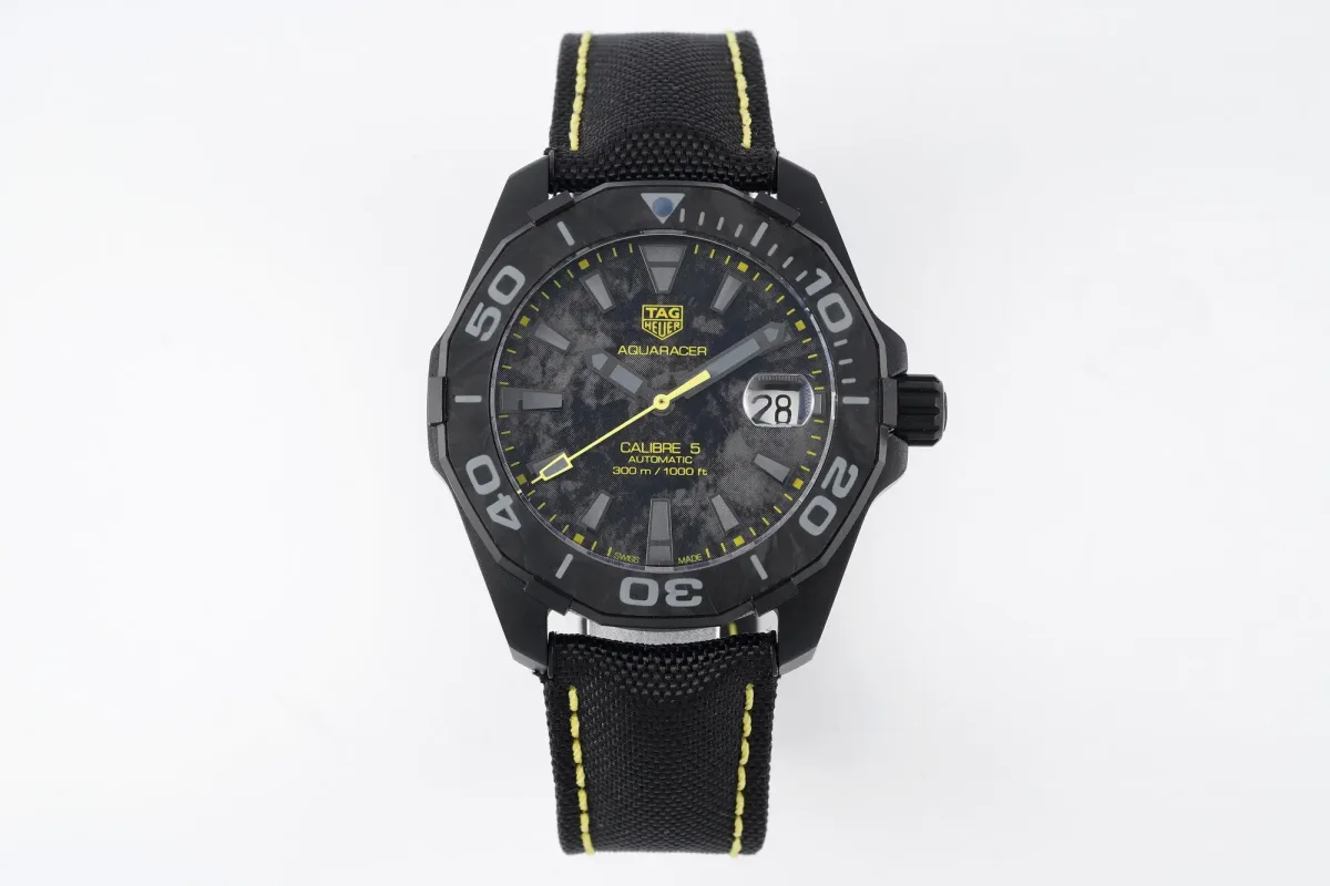 XF Factory TAG Heuer Series Watch - Black Carbon Fiber Dial, Yellow Stitching Strap, Formal &amp; Casual Style, SW200 Movement, Super Clone Replica Edition