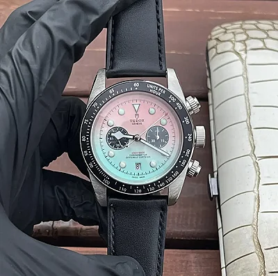 Tudor Black Bay Chrono Gradient Pink-to-Blue Dial Stainless Steel Chronograph Watch with Black Leather Strap