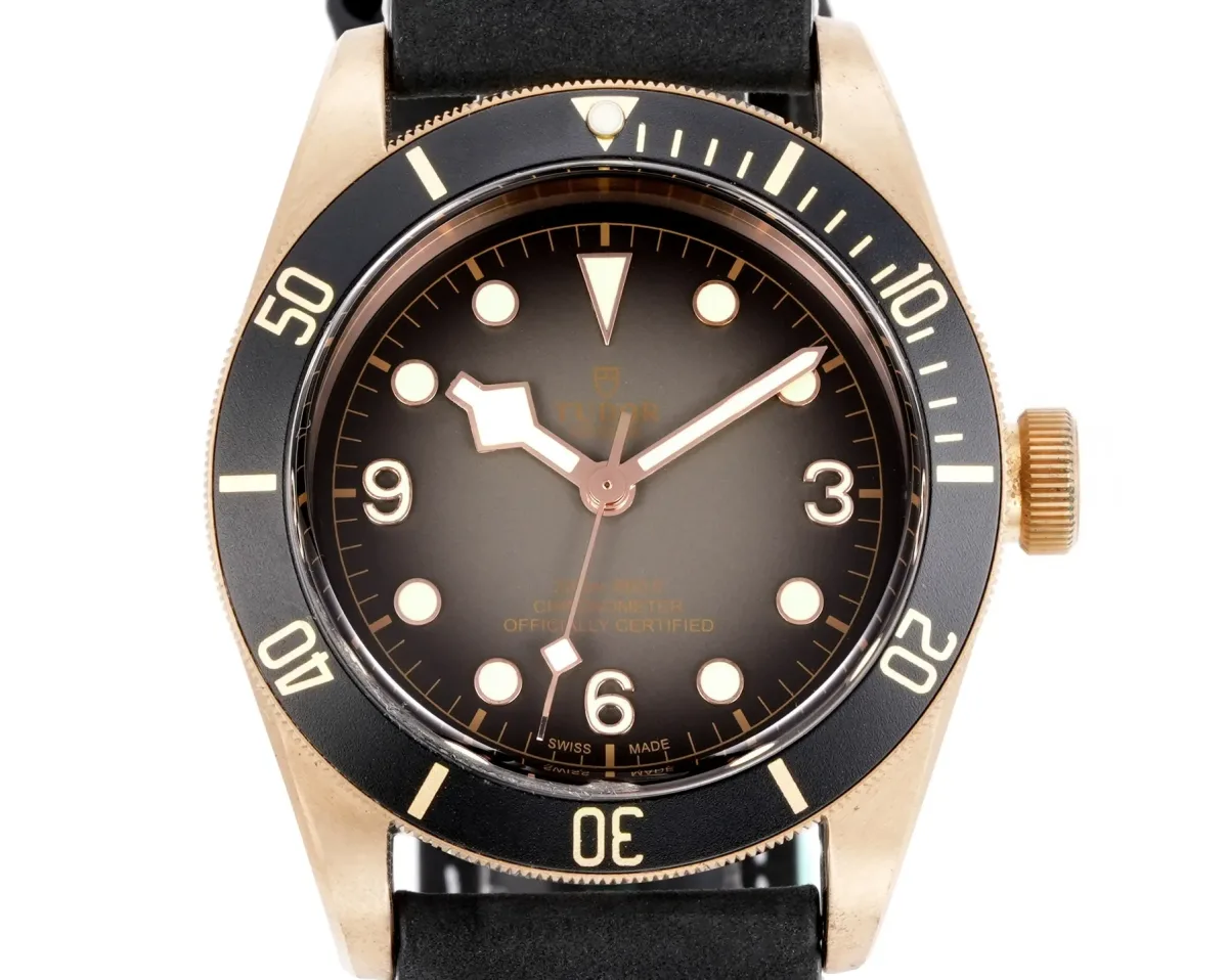 Tudor Black Bay Bronze Automatic Diver's Watch with Black Dial, Rotating Bezel, and Black Leather Strap
