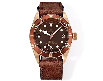 Tudor Black Bay Bronze Automatic Diver's Watch with Black Dial and Brown Leather Strap