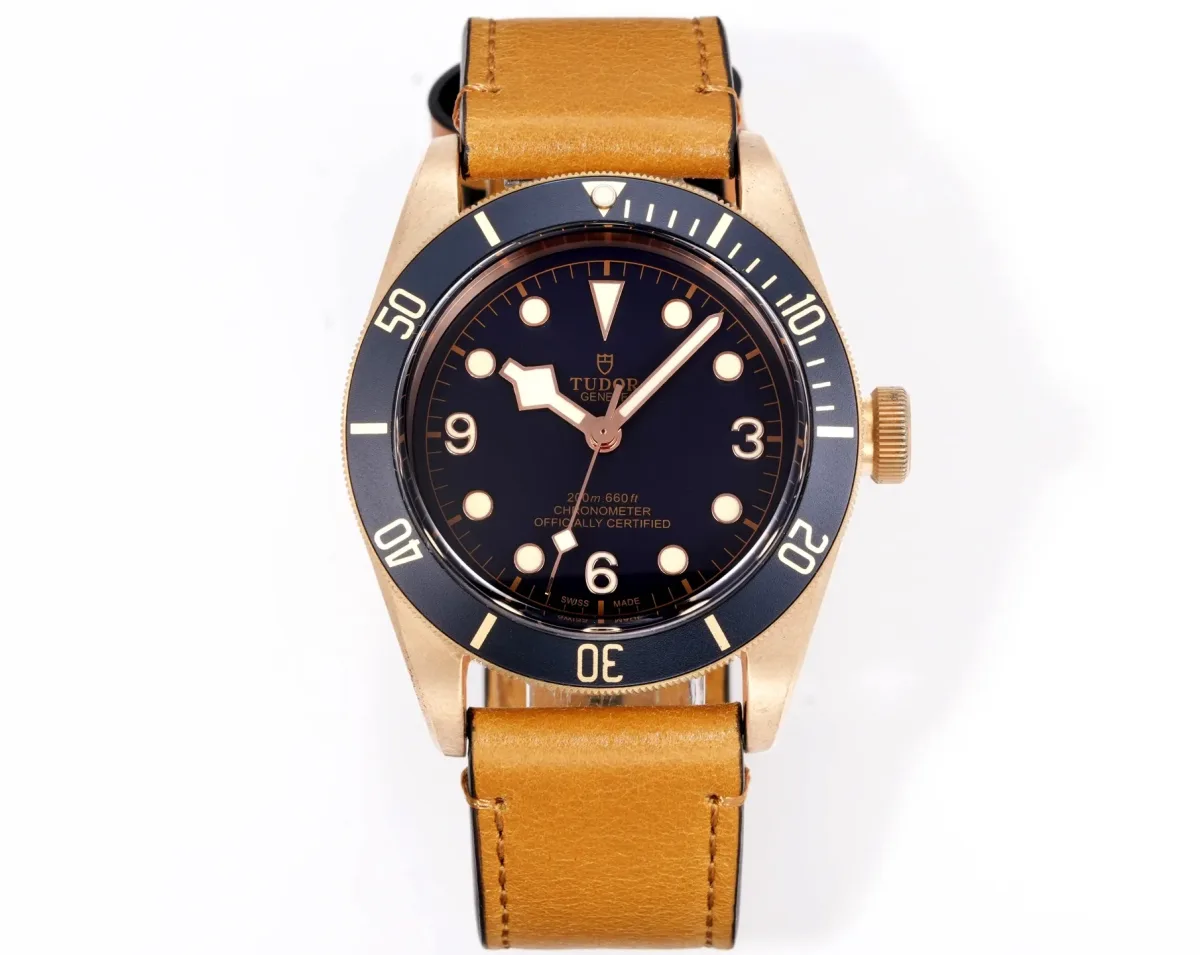 Tudor Black Bay Bronze Automatic Men's Diver Watch with Black Dial, Brown Leather Strap, and Bronze Case