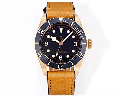 Tudor Black Bay Bronze Automatic Men's Diver Watch with Black Dial, Brown Leather Strap, and Bronze Case