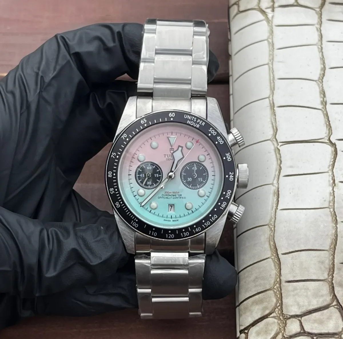 ZF Factory Tudor Black Bay Chrono Gradient Pink-to-Blue Dial Stainless Steel Bracelet Men's Chronograph Watch