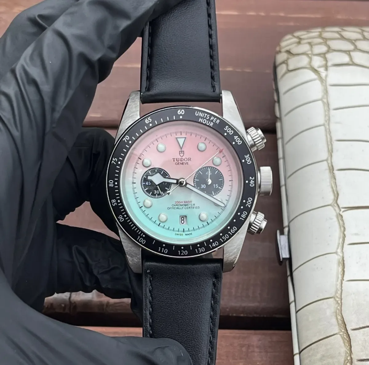 ZF Factory Tudor Black Bay Chrono Gradient Pink-to-Blue Dial Stainless Steel Chronograph Watch with Black Leather Strap