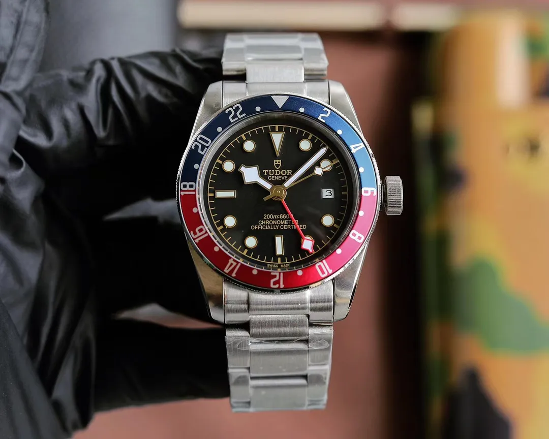 ZF Factory Tudor Black Bay GMT Automatic Men's Watch with Pepsi Red-Blue Bezel, Black Dial, and Stainless Steel Bracelet