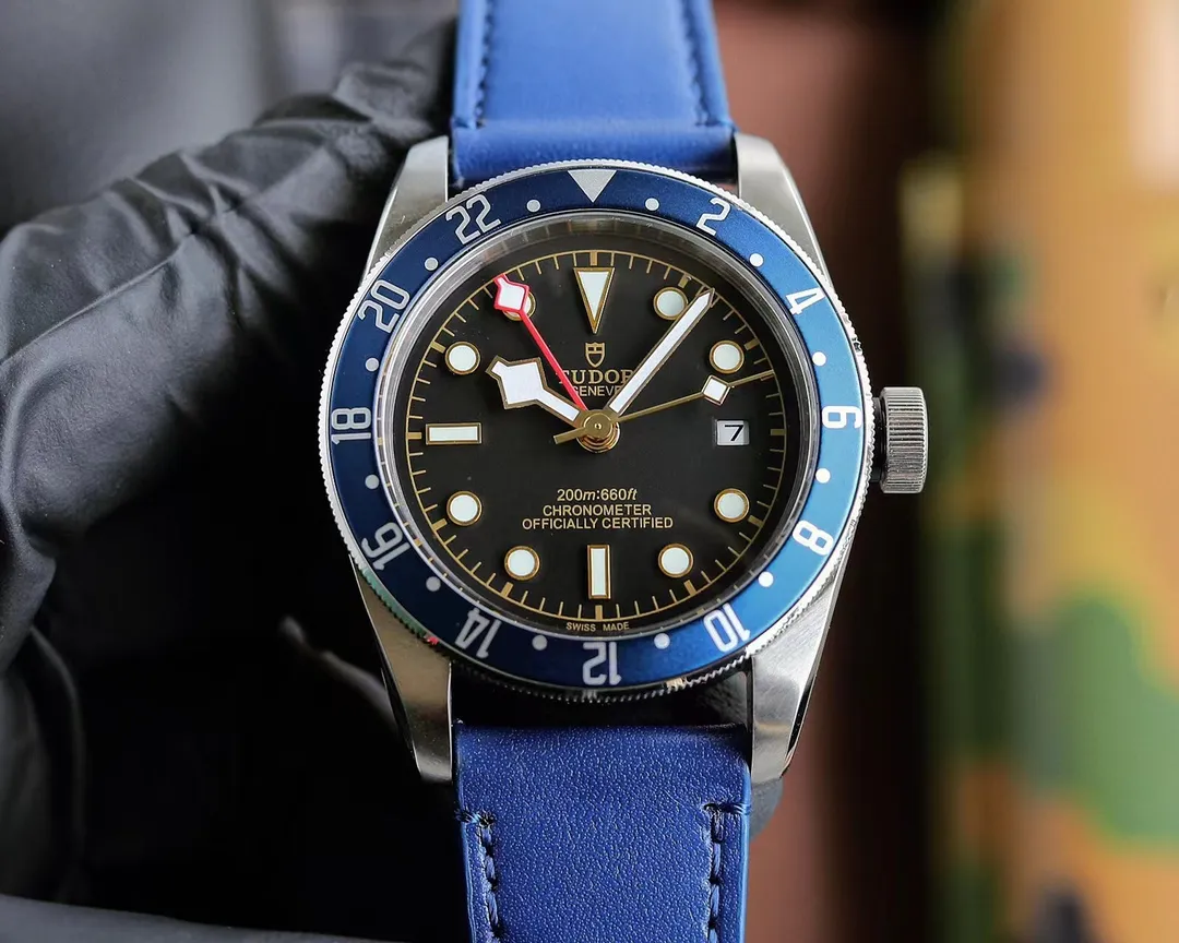 ZF Factory Tudor Black Bay GMT Men's Watch - Black Dial, Blue-Red Pepsi Bezel, Blue Leather Strap, Stainless Steel Case