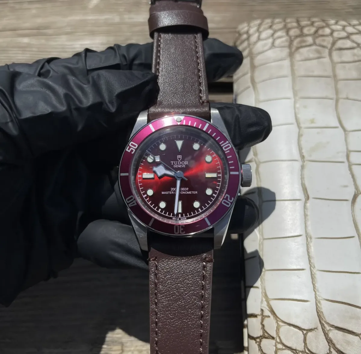 ZF Factory Tudor Black Bay Burgundy Red Dial Automatic Diver's Watch with Brown Leather Strap