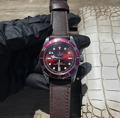 ZF Factory Tudor Black Bay Burgundy Red Dial Automatic Diver's Watch with Brown Leather Strap