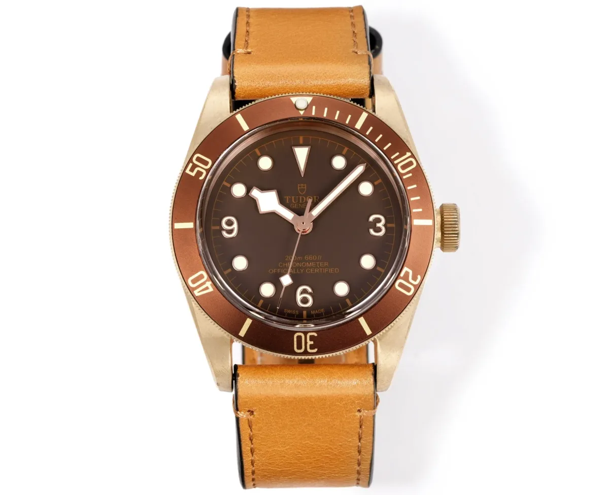 ZF Factory Tudor Black Bay Bronze Automatic Men's Diver Watch with Brown Dial and Tan Leather Strap