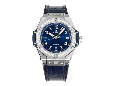 V6 Factory HUBLOT Big Bang One-Click 39mm Stainless Steel White Diamond-Set Watch with Blue Leather Strap - Super Clone Edition